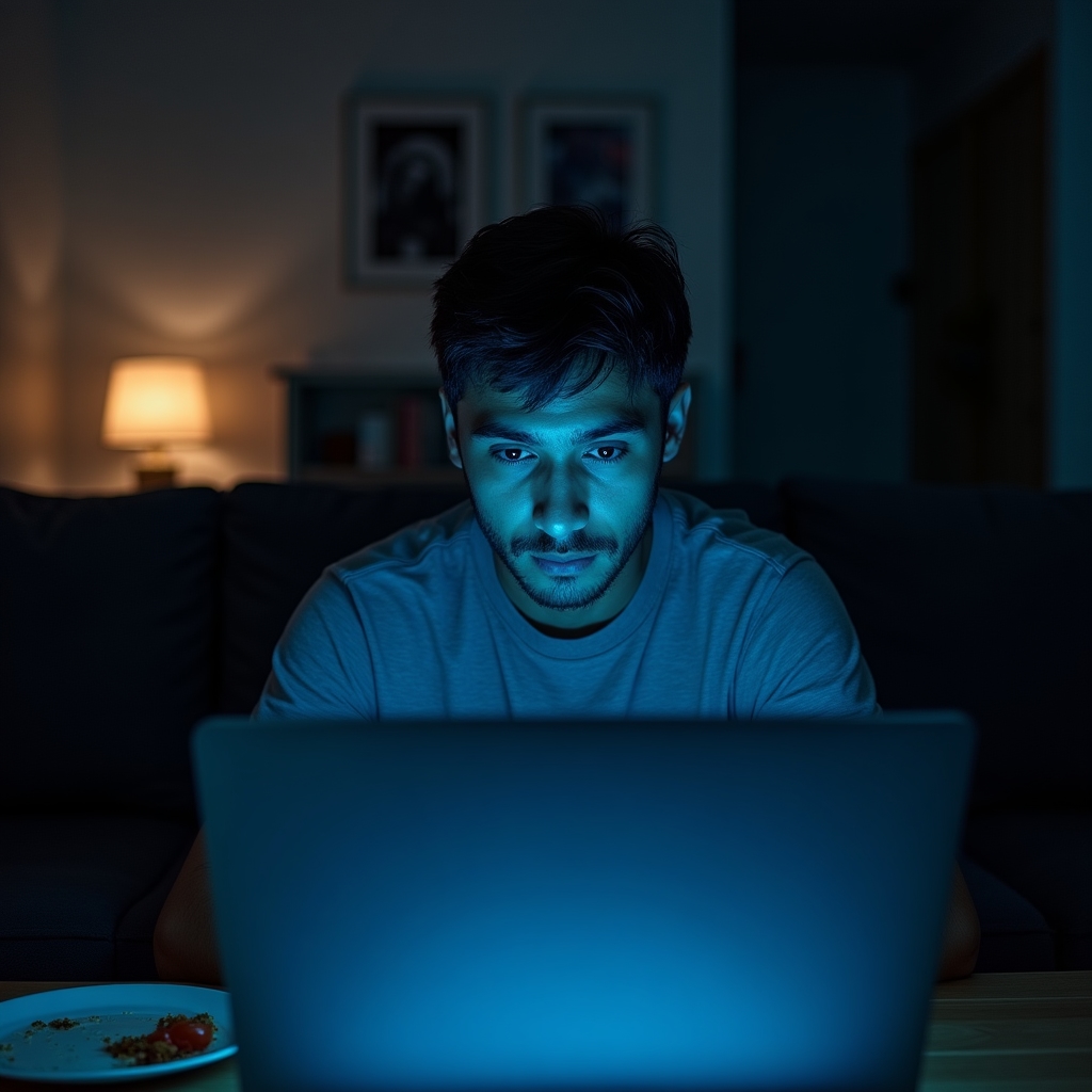 Schermo luminoso in un appartamento buio la sera tardi, metafora del confine dissolto tra lavoro e vita privata