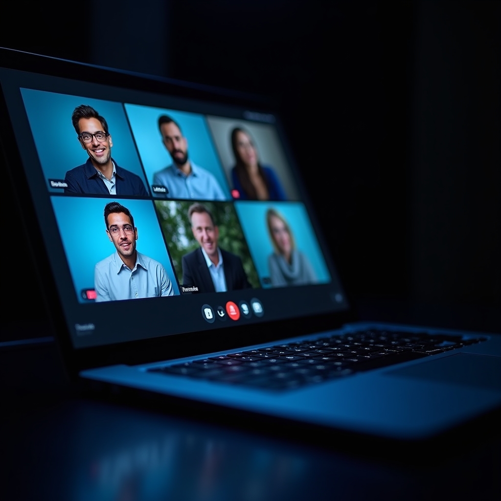Primo piano di schermo laptop con interfaccia di videochiamata attiva, luce blu dello schermo in ambiente scuro, dettaglio tecnico