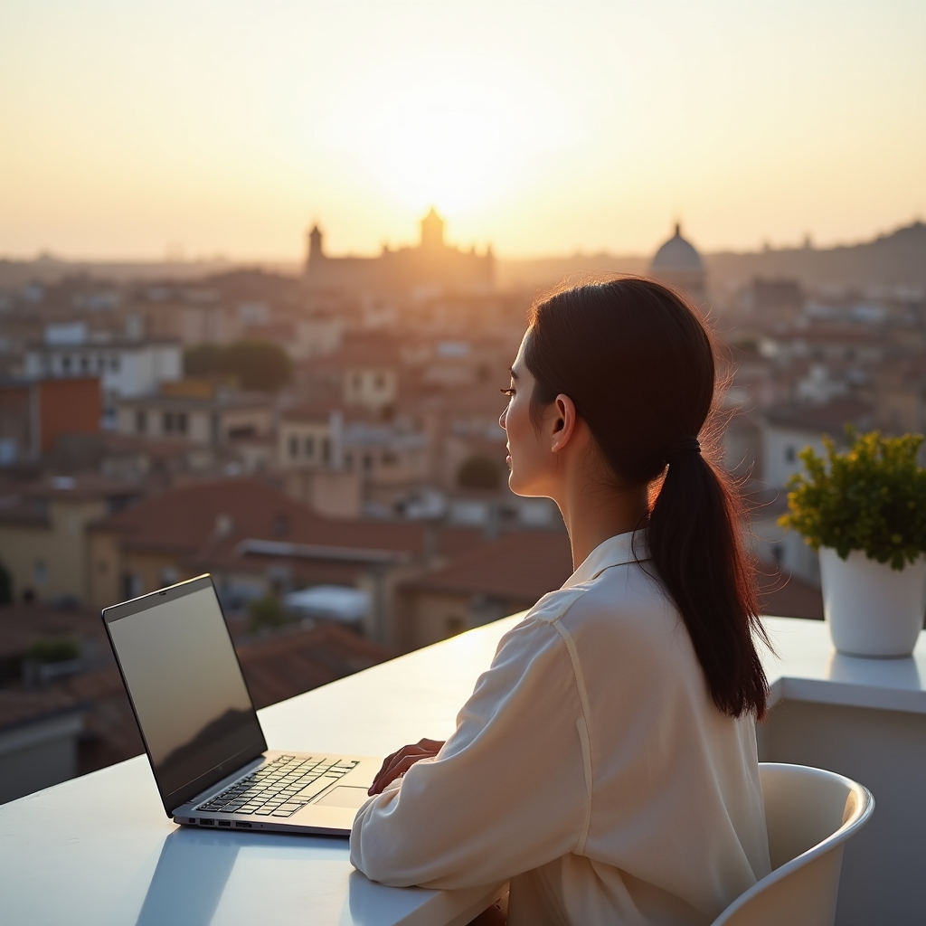 Professionista che lavora da remoto su una terrazza urbana al mattino