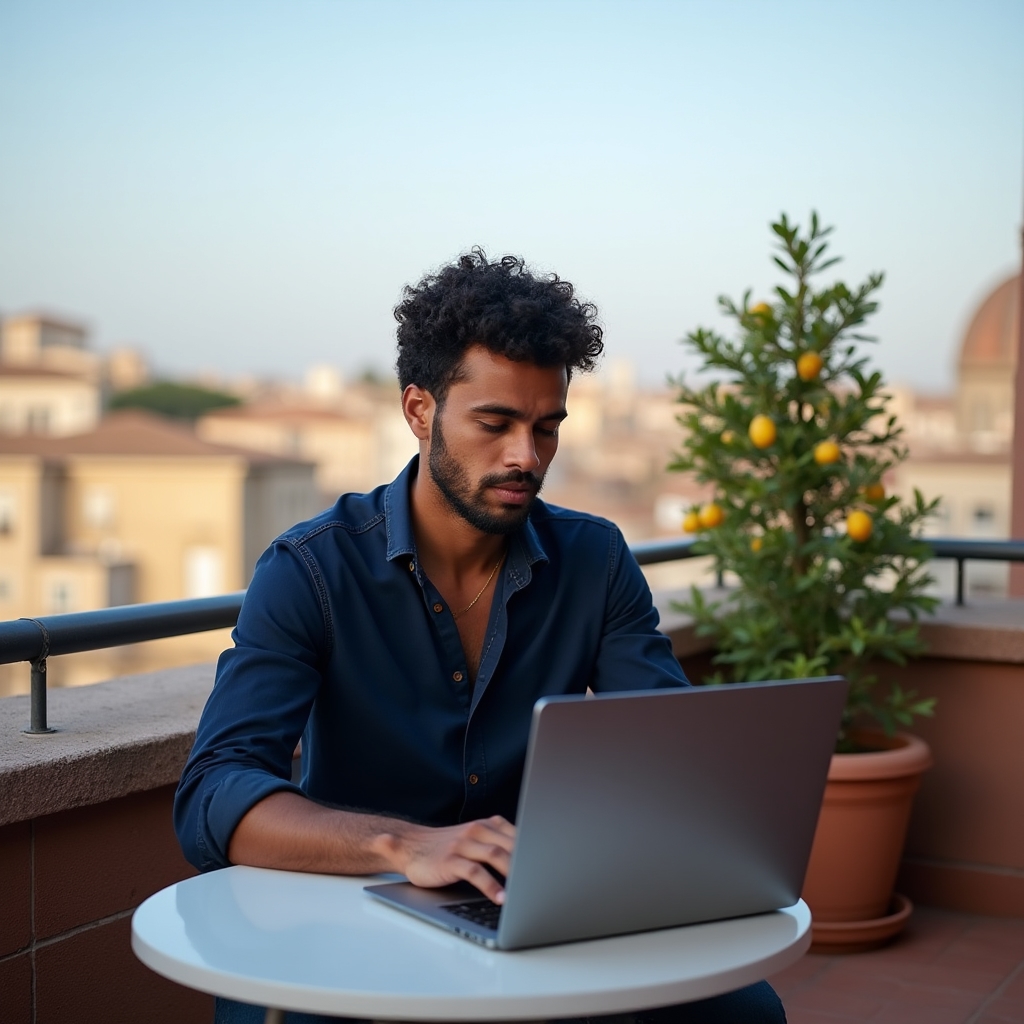Professionista concentrato che lavora su laptop in una terrazza con vista urbana, espressione determinata