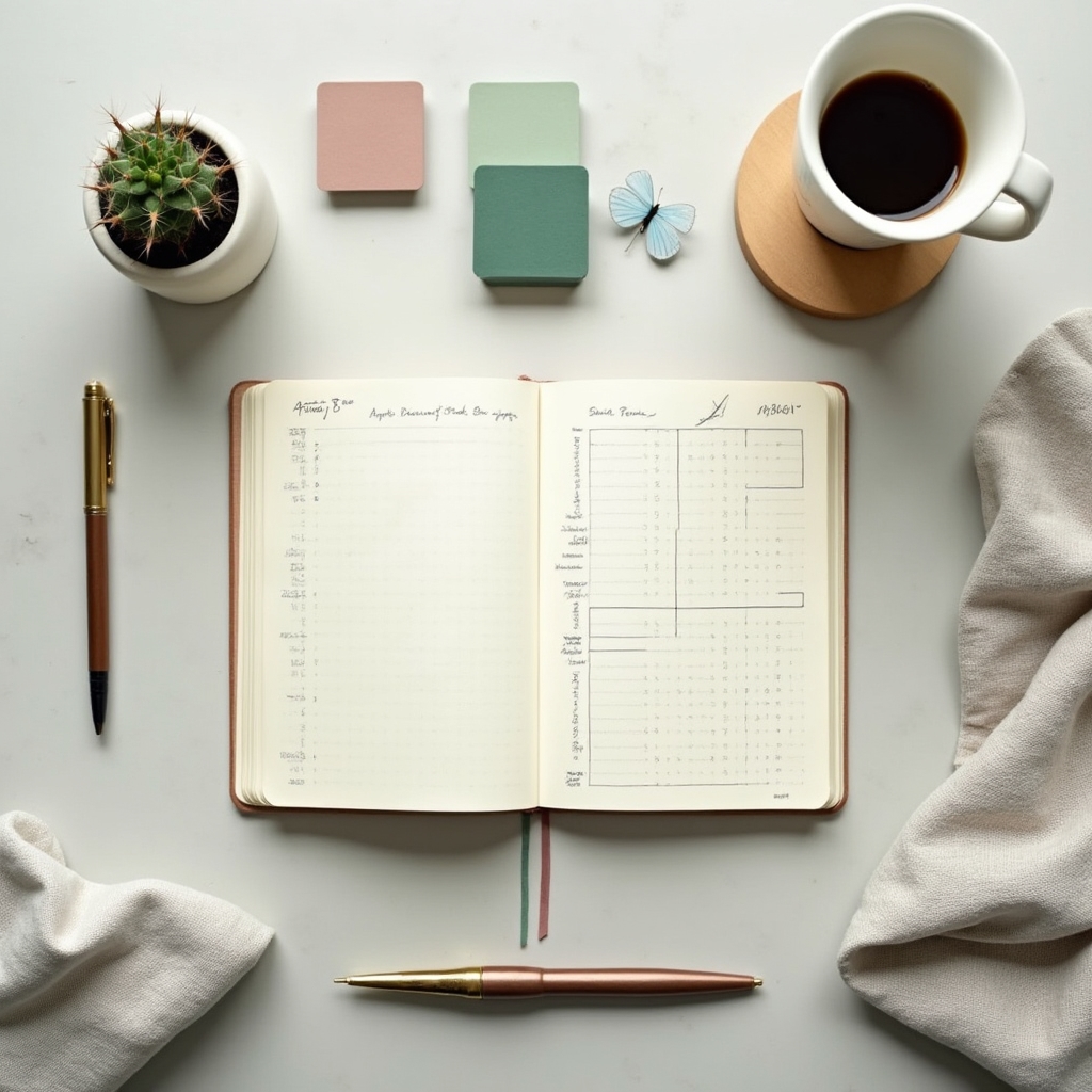 Vista aerea di una scrivania con notebook aperto, penna, tazza di tè e piante, spazio di lavoro organizzato e minimalista